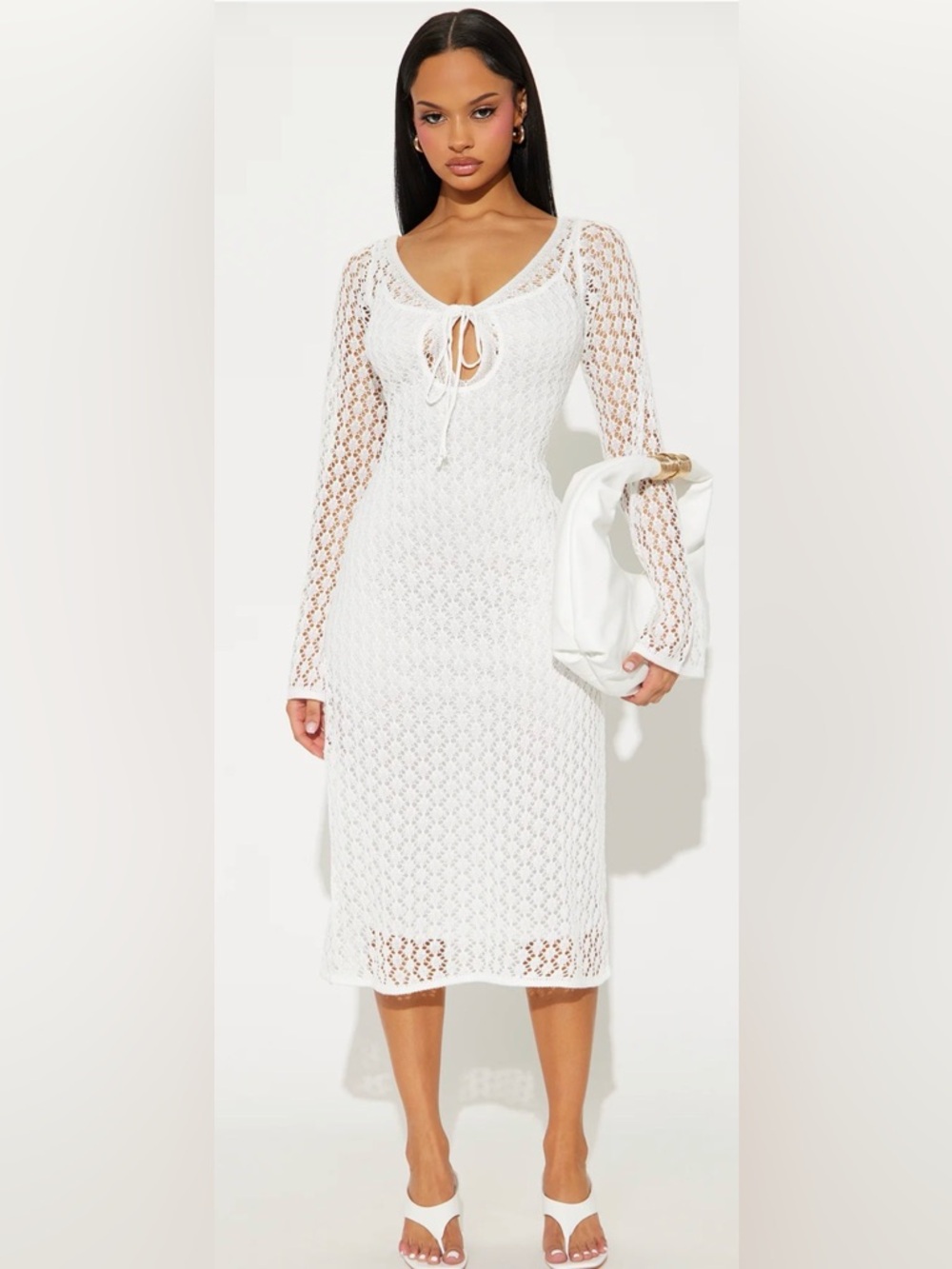 White Crochet Midi Dress with Tie Front